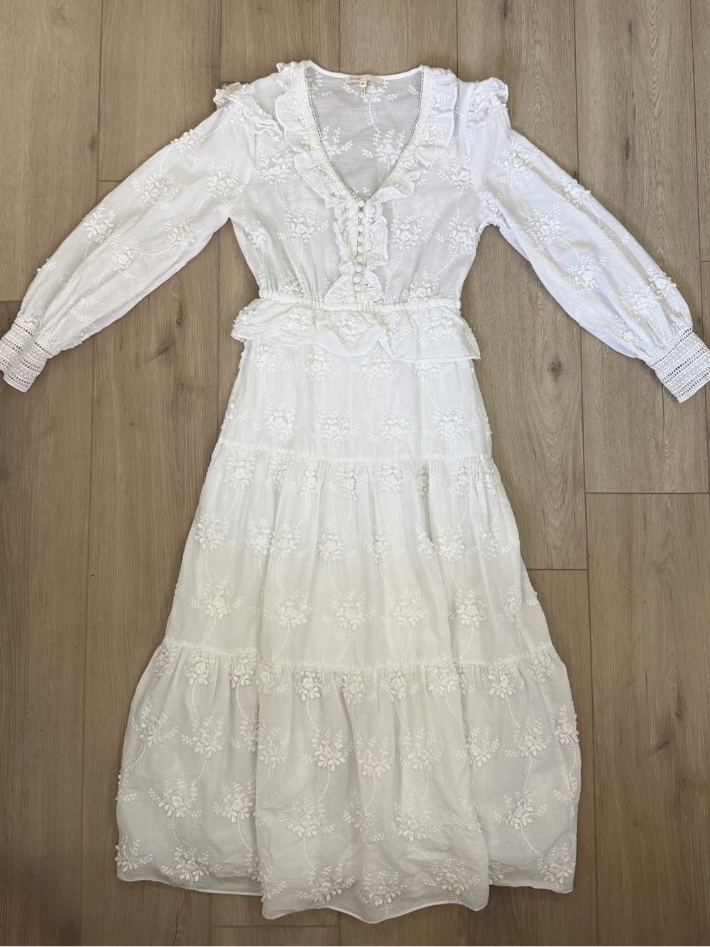 Maje Ecru Embroidered Floral Ruffle Tiered Maxi Dress